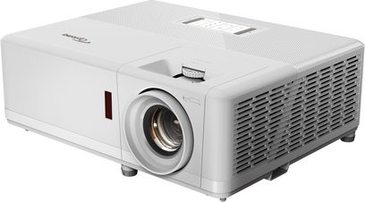 Optoma UHZ50 hvid videoprojektor, set forfra og fra siden, rektangulær form med afrundede hjørner og ventilationsgitre