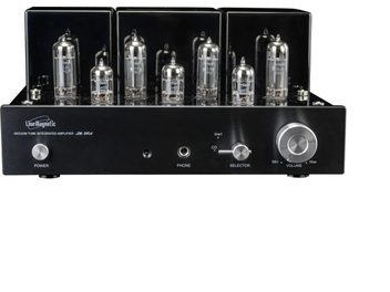 Line Magnetic LM-84IA sort integreret stereo-rørforstærker, set forfra, synlige rør og stor volumeknap