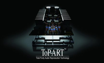 Vedere internă a unui amplificator Hi-Fi Yamaha cu tehnologie ToP-ART și circuit audio simetric iluminat