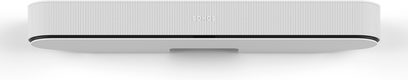 Hvid Sonos Beam lydbjælke, set forfra, med en aflang rektangulær form med afrundede kanter, hvid gitterflade på forsiden