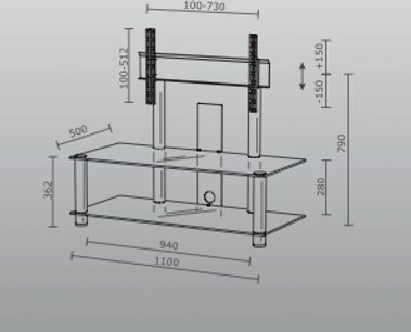 Tv-møbel i glas og sort metal, set forfra med mål, 1100 x 382 x 790 mm, 2 hylder, rørformet fod