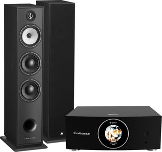 sort stereo hi-fi forstærker Cabasse AMP 240S i sort med rundt display og to sorte gulvhøjttalere Triangle BR08