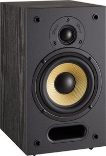 Davis Acoustics Ariane 1 bibliotekshøjtaler, sort trækasse, trekvartsvisning, gul fletvævet membran, frontbasrefleks