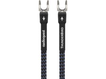 ThunderBird GroundGoody phono cable 1.5m, front view, silver metal connectors, black and blue braided sleeve, white inscriptions