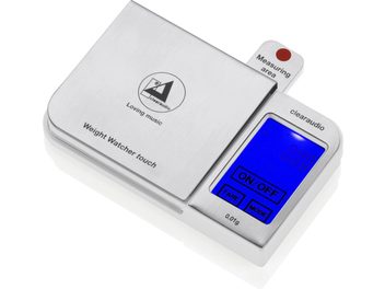 ClearAudio Weight Watcher touch sølvfarvet elektronisk vægt med blå LCD-skærm, der viser "ON/OFF TARE MODE", set oppefra