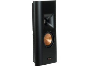 Klipsch RP-140D svart vägghögtalare, slimmad design med horndiskant och kopparfärgad högtalarelement på framsidan