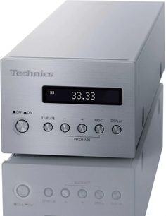 Technics SL-1000R hi-fi turntable in silver metal with a display showing "33.33", circular buttons, and an "OFF/ON" switch