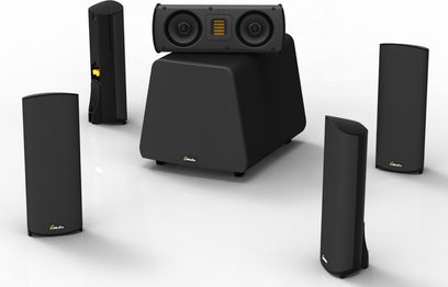 Sada kompaktních reproduktorů GoldenEar SuperSat 3 v černé barvě obsahuje subwoofer, dva sloupové reproduktory a dva satelitní reproduktory
