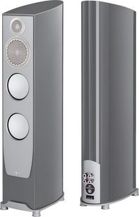 Paradigm Persona 3F oszlophangszóró háromnegyedes elől és hátulról nézve, antracitszürke lakkos tok szelvényeivel, homloklapján kör alakú fémráccsal védett csúcssugárzóval és középdúccal, valamint két ezüstszínű mélynyomó fölött, a hátoldalon látható bi-wiring csatlakozókkal
