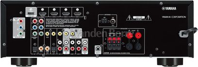 Sort Yamaha YHT-398 hjemmebiografsystem, set forfra, med audio/video-stik, knapper og lysende indikatorer