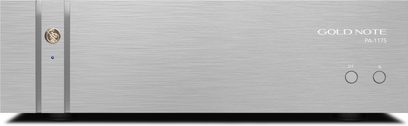 Amplificatore di potenza hi-fi Gold Note PA-1175 con frontale in alluminio spazzolato argento e manopole DF e di accensione