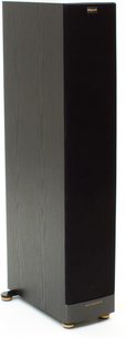 Diffusore da pavimento Klipsch RF-52 MkII nero, visto di fronte e di lato, in legno scuro con altoparlanti neri e dorati