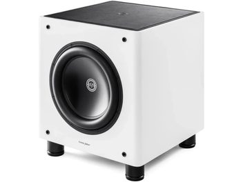 Bílý subwoofer Sonus Faber Gravis II s viditelným černým reproduktorem a černí horní částí, pohled z tříčtvrtečního úhlu