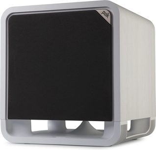 Polk Audio HTS 10 witte subwoofer, vooraanzicht, afgeronde kubieke vorm, zwarte grill aan de voorkant