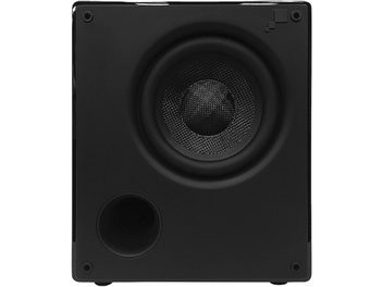 Sonance i10 svart subwoofer, frontvy, cirkulär högtalare i mitten, metallgaller, fyrkantig låda