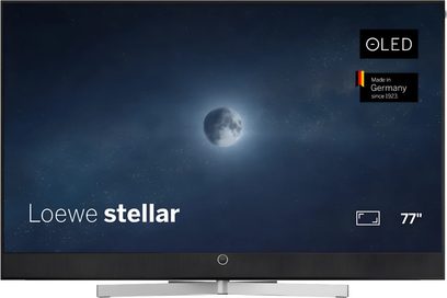 Loewe Stellar 77 DR+ black television front view with flat OLED screen, thin bezel, and silver central stand