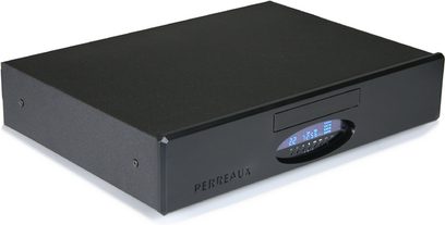 Leitor de CD hi-fi Perreaux Prisma CD1, caixa preta fosca, frente em alumínio escovado, visor azul, sóbrio e elegante