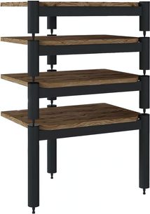 Mobilier Hi-Fi De Conti APICEM, structură metalică neagră, 4 rafturi dreptunghiulare din lemn închis la culoare, stil minimalist