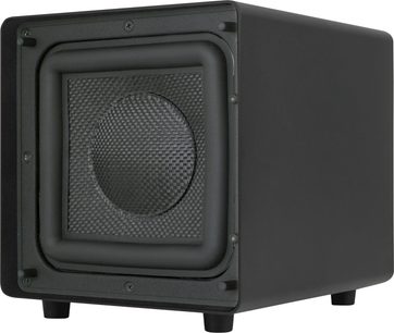 Sonance D8 sort subwoofer, set forfra, sort gitter med firkantet mønster i midten, mat sort rektangulært kabinet