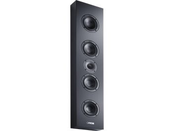 boxă de perete încastrabilă Canton Atelier InWall 9 negru lăcuit, format vertical subțire, fațadă cu 4 difuzoare rotunde