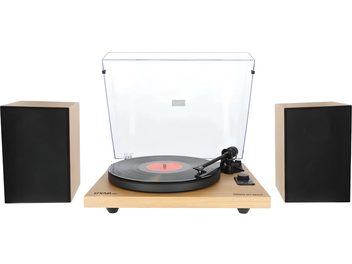 Hi-fi pladespiller Enova HIFI Vision 2 SET bøg med gennemsigtigt låg, sort pladetallerken, tonearm, 2 rektangulære højttalere