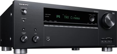 Onkyo TX-RZ730 sort hjemmebiografsforstærker, frontpanel, frontvisning, grøn "THX Cinema"-skærm, knapper og lydstik
