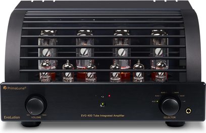 PrimaLuna EVO 400 sort integreret rørforstærker, forsidefremvisning, 12 rør på toppen, frontpanel med knapper og stik