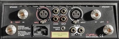 Cyrus Stereo 200 forstærker, sort, bagside, audio- og strømstik, kontakter og justeringer