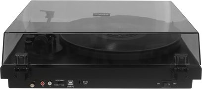 Enova HIFI VISION4 G2 BLM sort pladespiller med røgfarvet transparent låg, set forfra