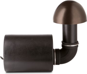 Cassa acustica da esterno GO12SW con corpo cilindrico nero, condotto curvo e cupola emisferica marrone, vista laterale destra