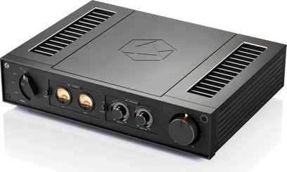 Стерео підсилювач Hi-Fi Rose RA280 чорного кольору, вид спереду, чорна передня панель з кнопками, ручками та роз'ємами, бічні вентиляційні решітки