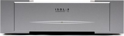 Strömrenare Isol-8 SubStation F3 i silver, framifrån med fasad frontpanel och gul indikatorlampa i mitten