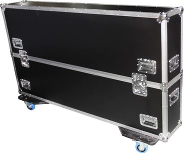 Juodas transportavimo dėklas ekranui Power Acoustics Flight écran 65 MK2 su sidabriniais sutvirtinimais ir mėlynais ratukais