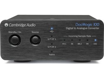 Cambridge Audio DacMagic 100 sort audio DAC-konverter, frontvisning, 2 drejeknopper, 4 blå indikatorlys, Toslink-port