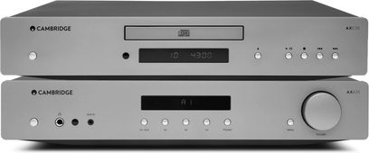 Ampli hi-fi stereo Cambridge Audio AX-A35 a přehrávač CD AX-C35 ve stříbrné barvě, pohled zepředu, složené na sebe