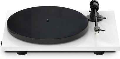 Plato giratorio hi-fi E1 BT blanco AT3600L con plato circular negro, brazo de lectura negro, base rectangular blanca, patas cilíndricas
