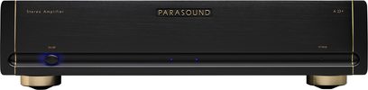 Parasound Halo A23+ sort stereforstærker, frontvisning, sort front med knapper og blå indikatorlys, metalhus