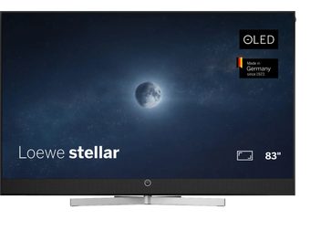 Televisor Loewe Stellar 83 DR+ negro, vista frontal, pantalla OLED de borde fino con barra de sonido integrada y pie plateado