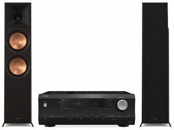 Hi-Fi комплект Integra с черен мрежов усилвател и две колони Klipsch с медни високоговорители