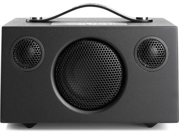 Enceinte Audio Pro ADDON C3 noir, vue de face, forme cubique arrondie, grille noire à l'avant, poignée sur le dessus