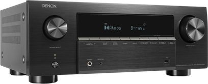 AV receiver Denon AVR-X2900HDAB černý, pohled zepředu, velký centrální displej a dva stříbrné ovladače