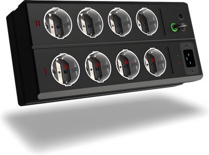 Multiprise EAT Essential Audio Tools MM8+ czarna, 8 okrągłych gniazd zasilania z czerwonymi i zielonymi diodami LED, widok z przodu