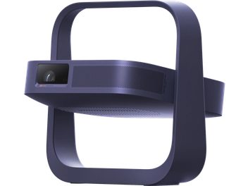 XGIMI Elfin Flip Laser HD-videoprojektor i blå med rektangulært bærehåndtagsstel og perforeret frontgitter