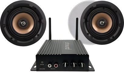 Set ArtSound SMART HPRO525 con due diffusori da parete rotondi con cono in rame e amplificatore nero con antenne