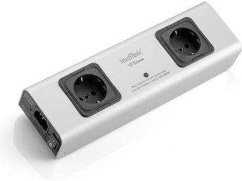 Multipresa V5 GEMINI, vista in prospettiva, 2 prese di corrente nere, involucro rettangolare argentato, interruttore e presa di alimentazione a sinistra