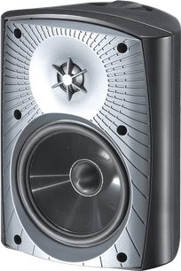 Paradigm Stylus 270 black outdoor speaker, perspective view, front with star-shaped central tweeter and circular driver