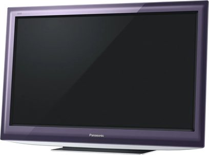 32-tommer Panasonic TX-L32D28EP fladskærms-LCD-TV, mørkelilla ramme, sort slukket skærm, set forfra
