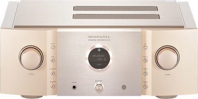 Marantz PM-11S3 hõbedane-kuldne stereo hi-fi-võimendi, esivaatest, pöördnuppude, digitaalnäidiku ja esipaneeli pesadega