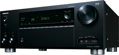 Onkyo TX-RZ720 sort hjemmebiografsforstærker, front med grønt display, knapper og drejeknapper, set forfra