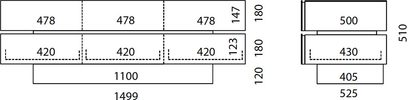 Spectral Brick BR1502-SL audio-videomøbel, teknisk diagram med dimensioner i millimeter, front-, top- og sidevuer